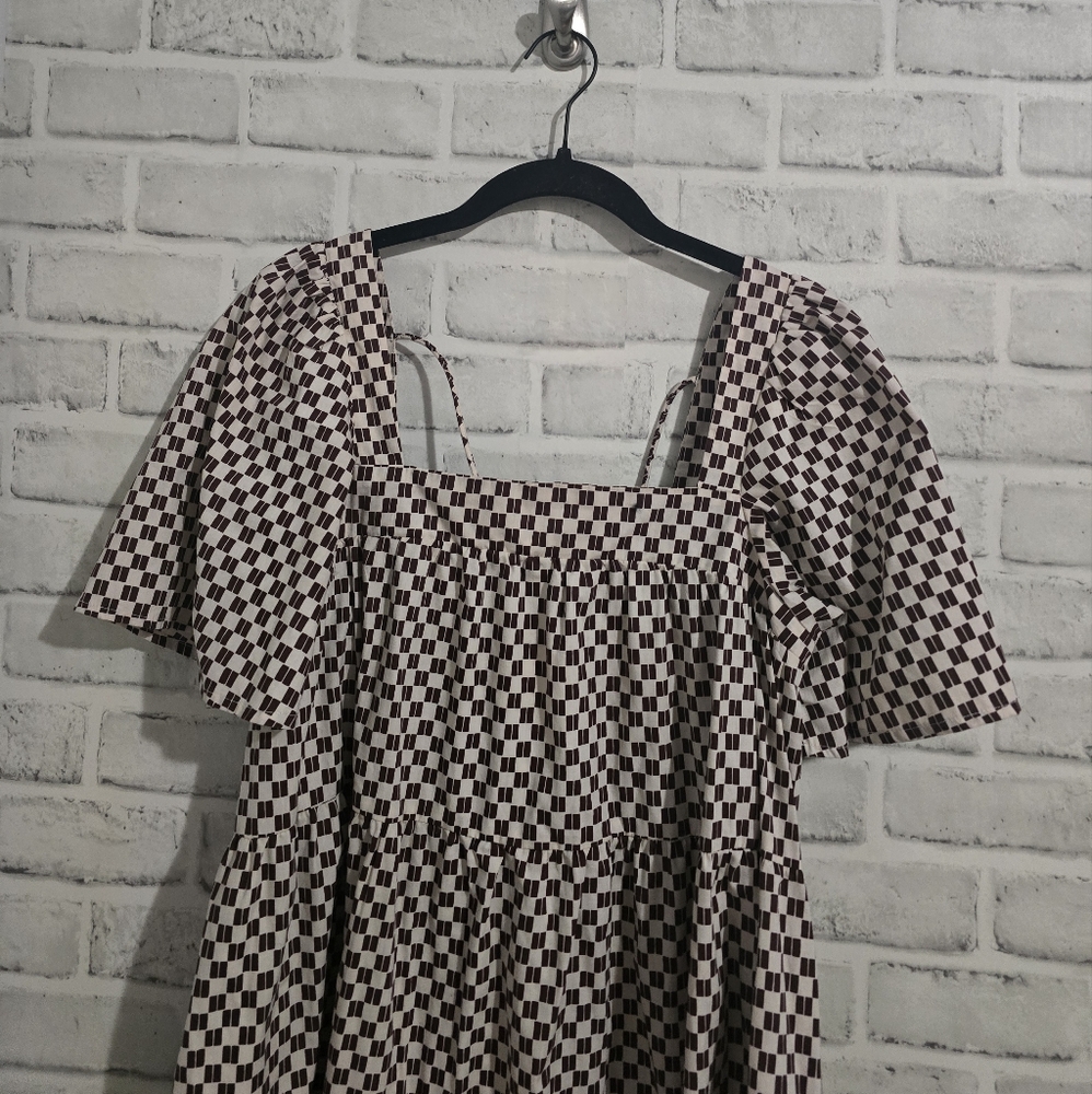 EUC Abercrombie & Fitch Angel Sleeve Trapeze Mini Dress Brown Checkered Size S - Picture 8 of 12